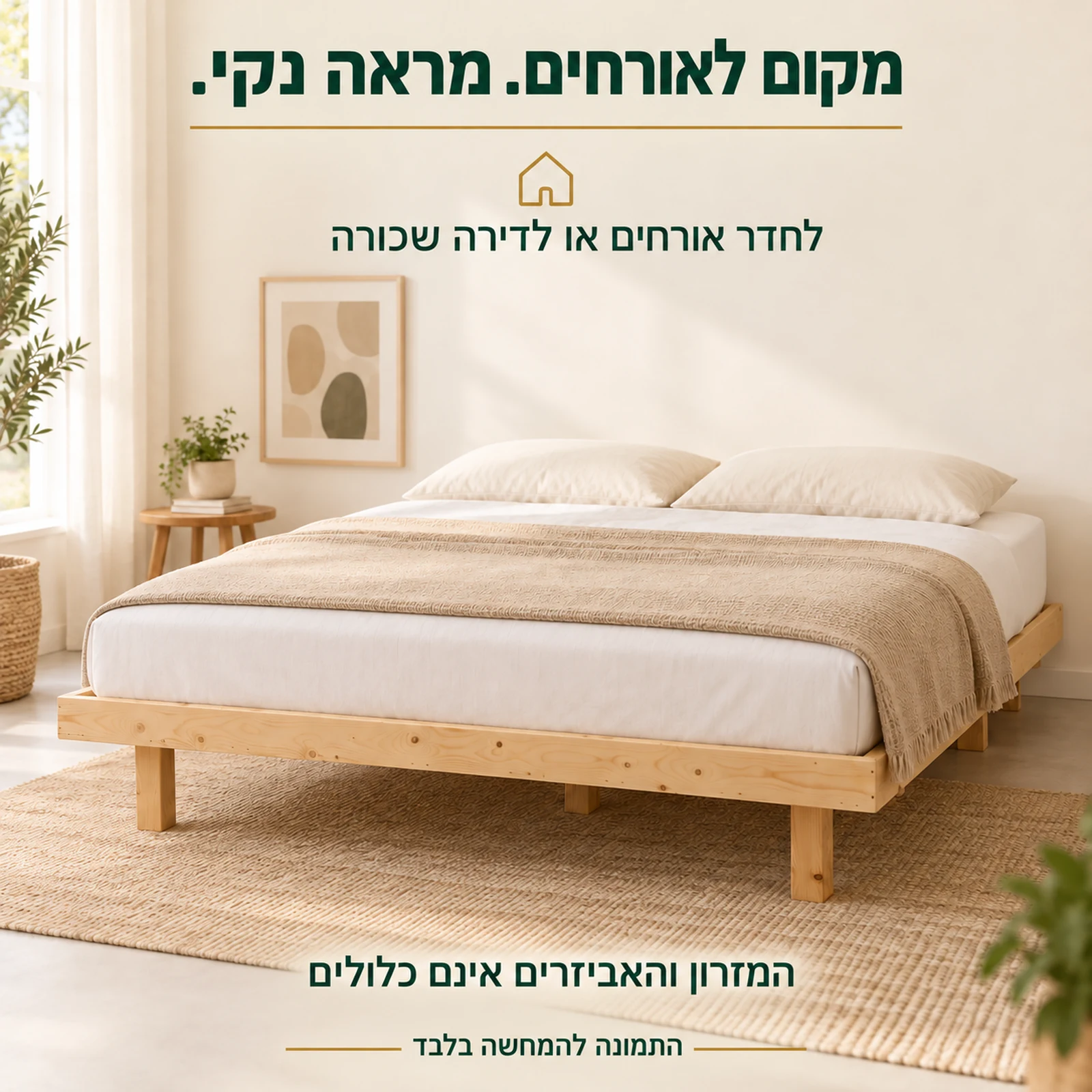 בסיס מיטה עם מסגרת בחדר אורחים או בדירה שכורה – המזרון והאביזרים אינם כלולים
