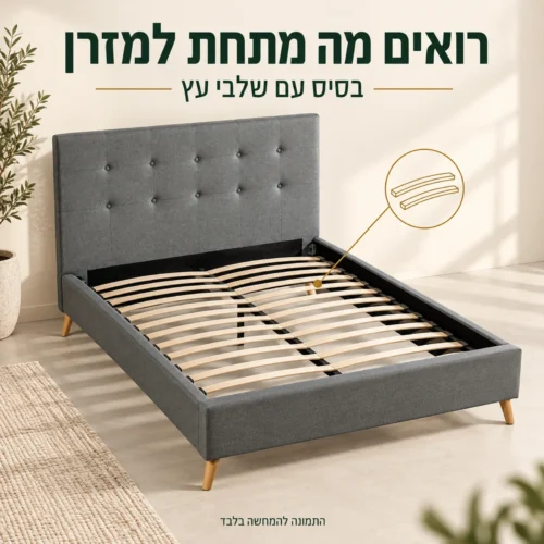 מיטה מרופדת אפורה MARK – בסיס עם שלבי עץ ללא מזרן