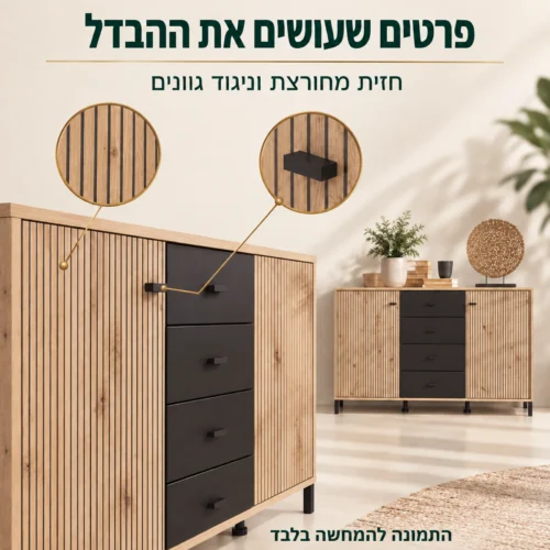 קומודה AVIGNON – פרטי החזית המחורצת והידיות השחורות