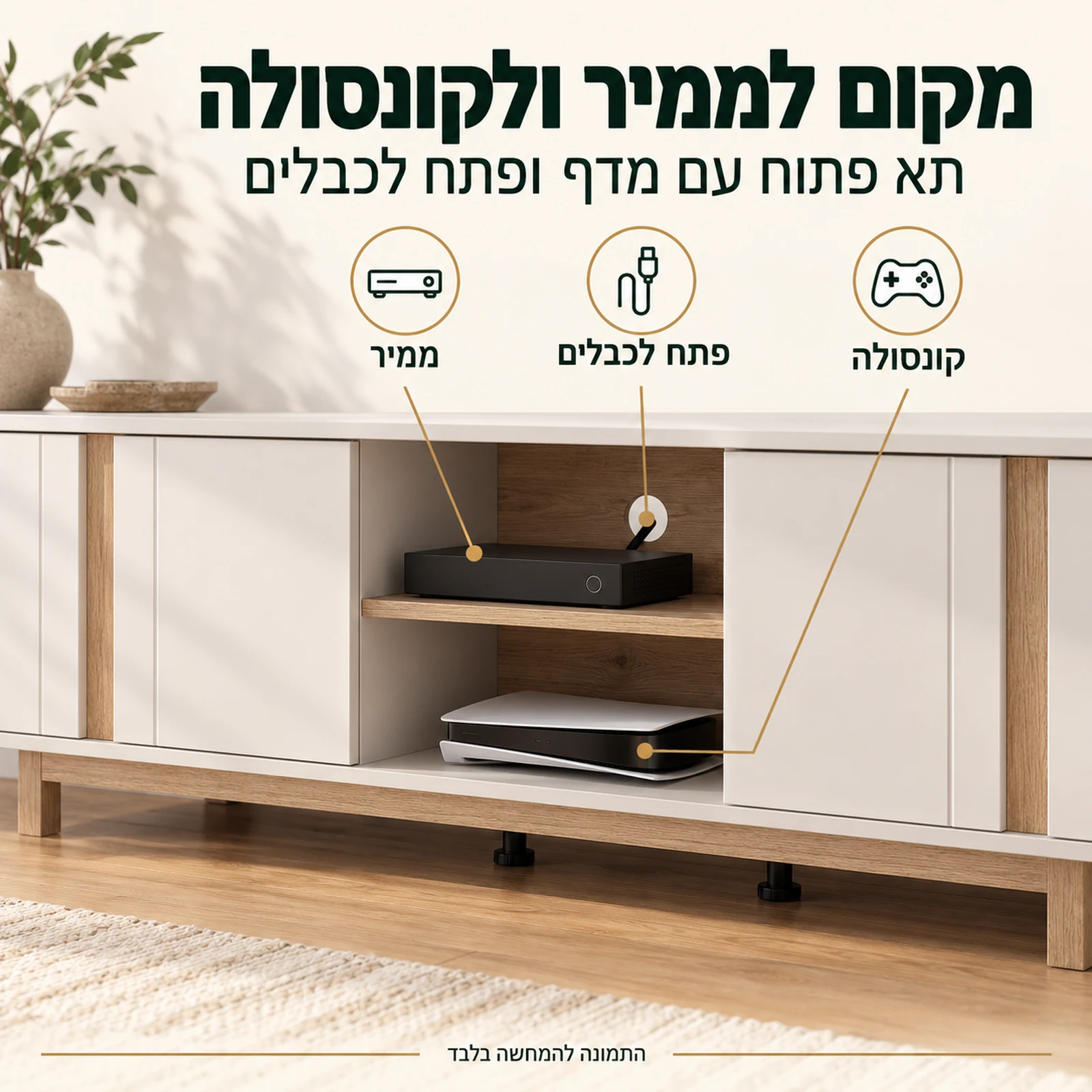 שידת טלוויזיה DERA – תא פתוח במרכז עם מדף ופתח לכבלים לממיר ולקונסולה
