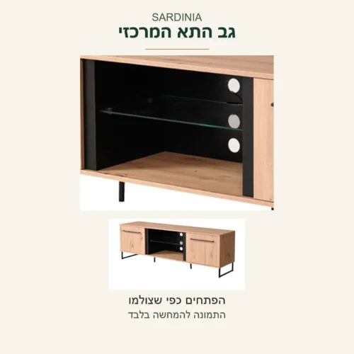 SARDINIA — התא המרכזי והפתחים העגולים בצילום המקורי לצד אותו צילום כללי של שידת הטלוויזיה