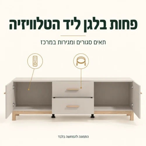 שידת טלוויזיה – תאים צדדיים פתוחים ושתי מגירות במרכז