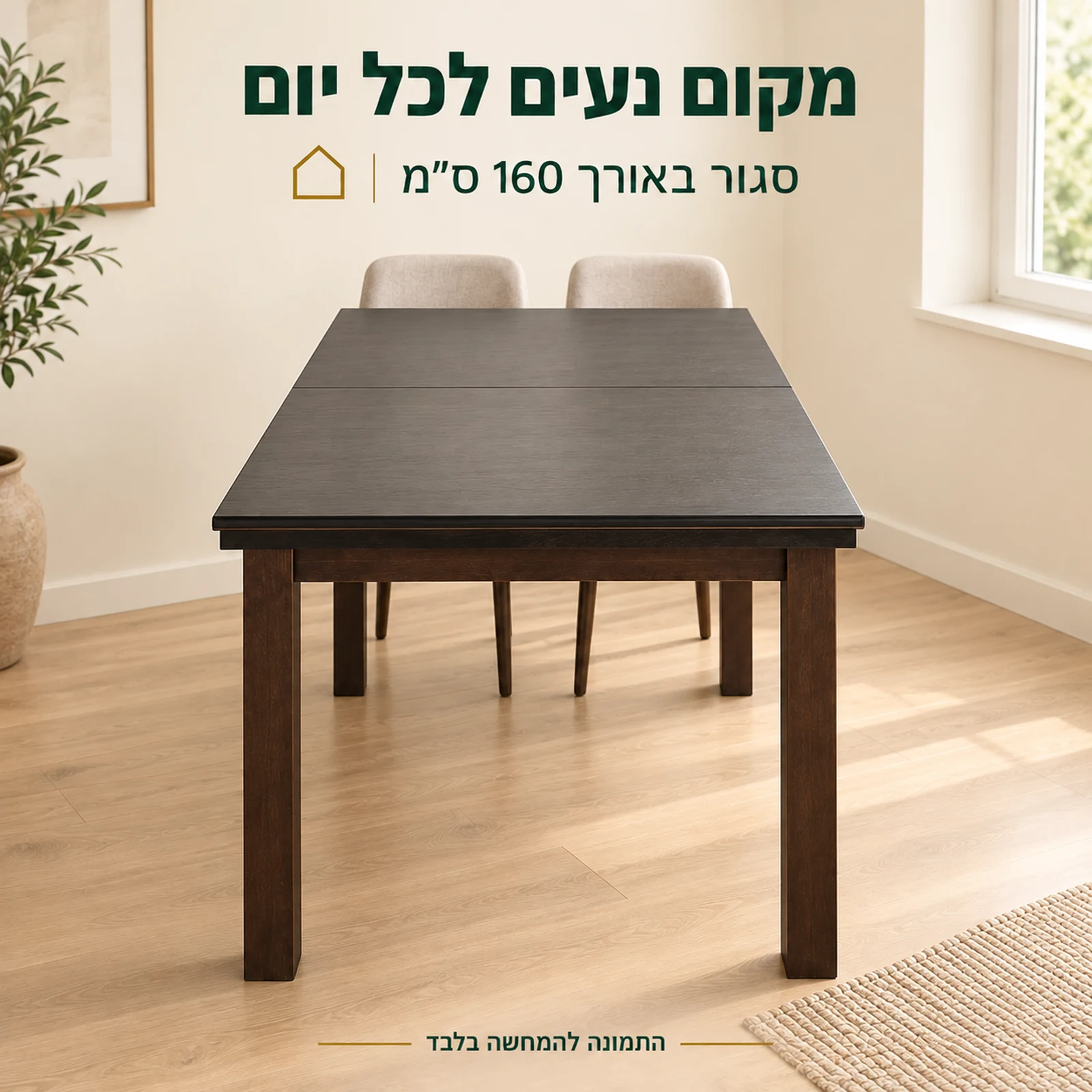 שולחן אוכל EUROPA בגוון וונגה במצב סגור בפינת אוכל ביתית, מבט מהקצה