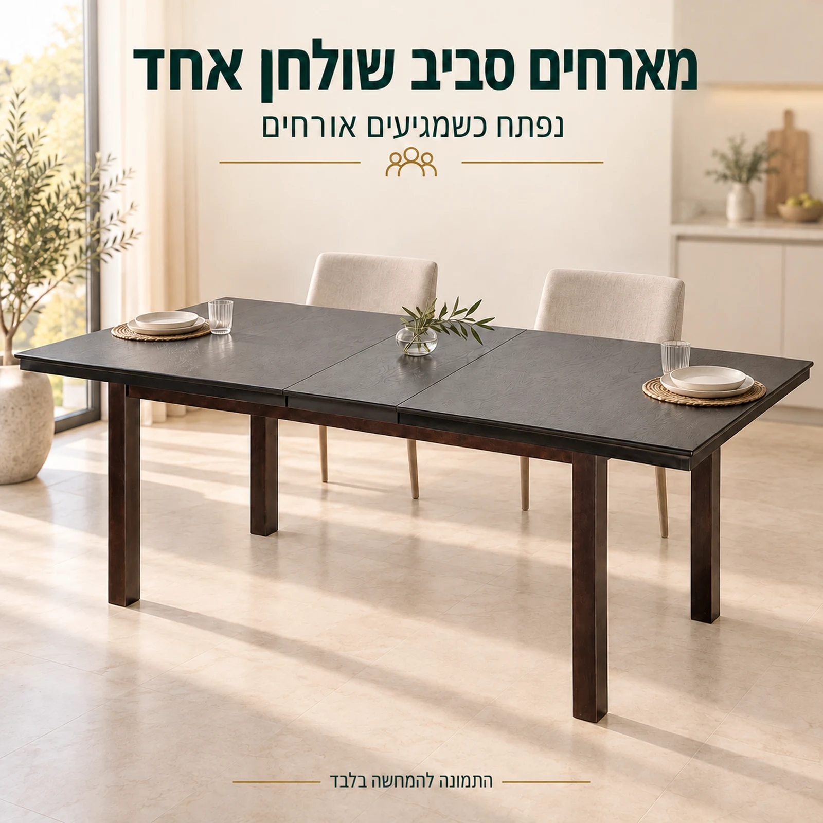 שולחן אוכל EUROPA פתוח עם תוספת מרכזית צרה בפינת אוכל ביתית