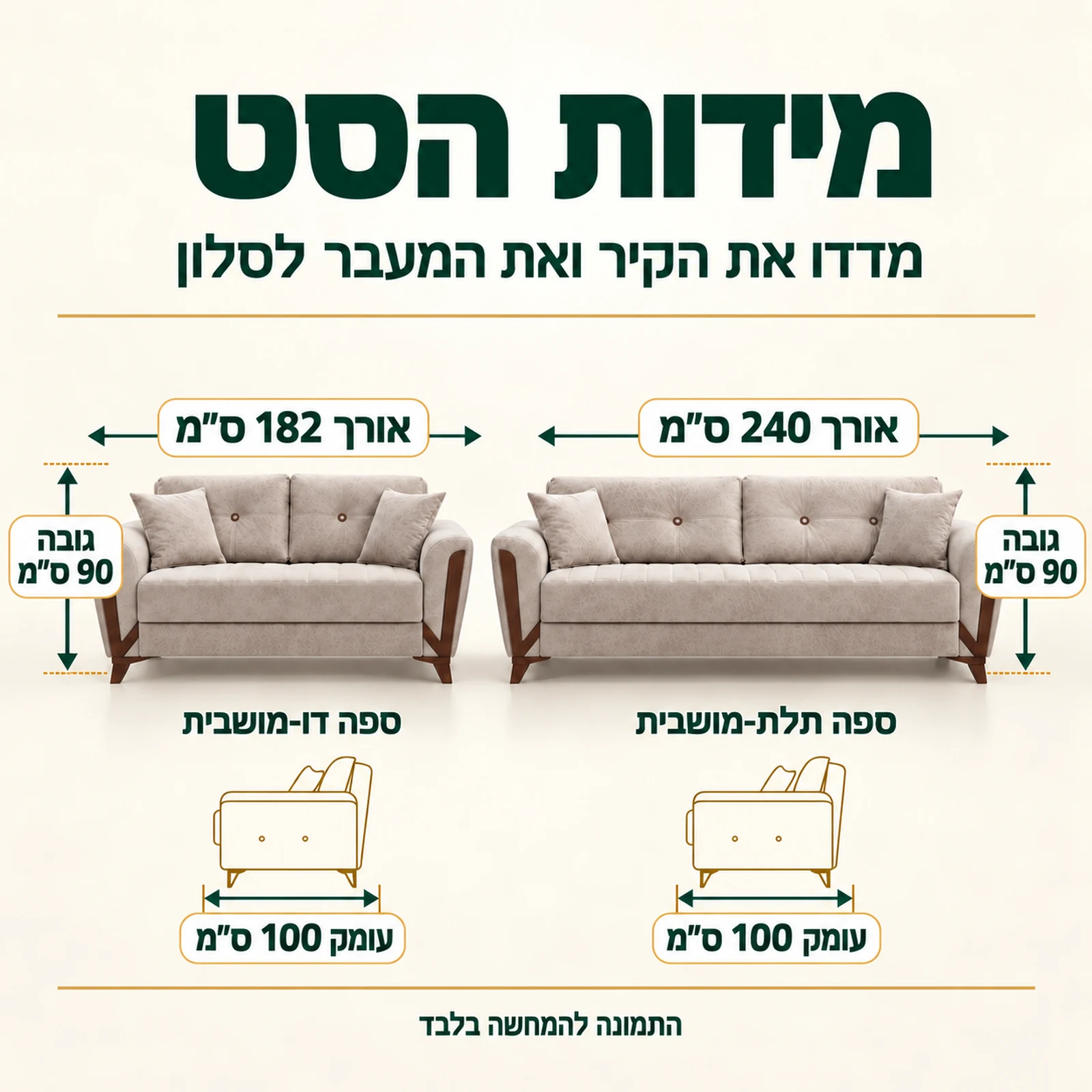 מידות סלון 3+2 ARIZONA: ספה תלת-מושבית 240x100x90 ס"מ וספה דו-מושבית 182x100x90 ס"מ