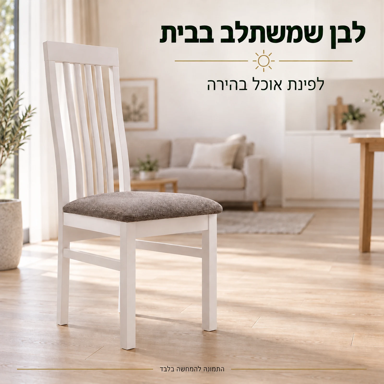 כסא MODERN לבן עם מושב בד אפור חום בפינת אוכל בהירה