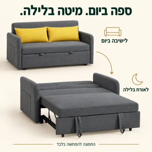 ספה דו מושבית אפורה MINI-LUCY במצב ישיבה ובמצב פתוח למיטת אורח