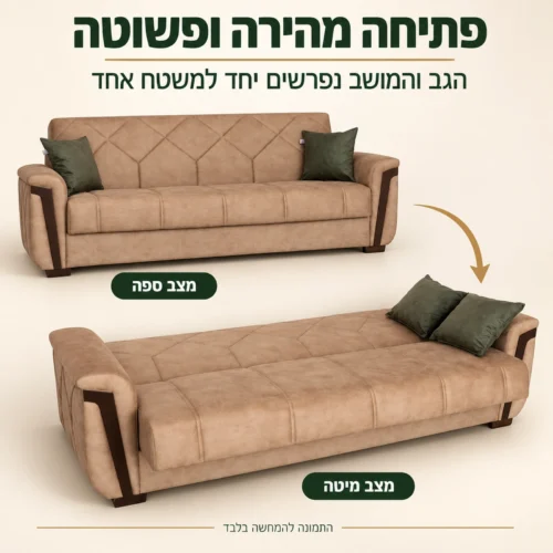 ספת ספר MELODY במצב ספה ובמצב מיטה – הגב והמושב נפרשים למשטח שינה אחד