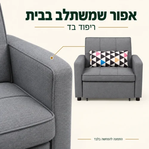 ריפוד בד אפור בכורסא נפתחת למיטה – מבט מקרוב על האריג והתפר