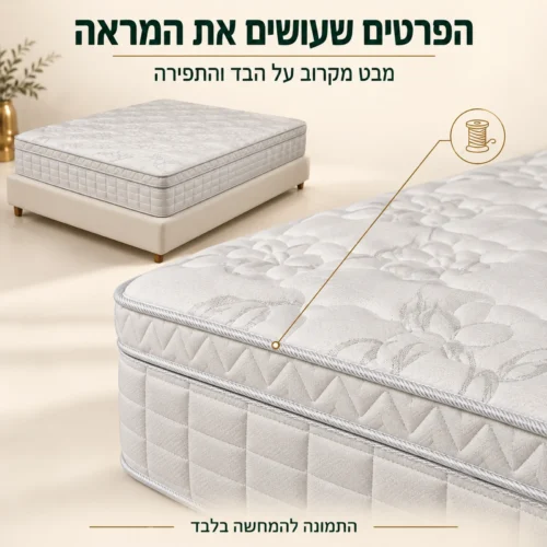 תקריב דוגמת התפירה והבד של מזרן SPACE לצד המזרן השלם