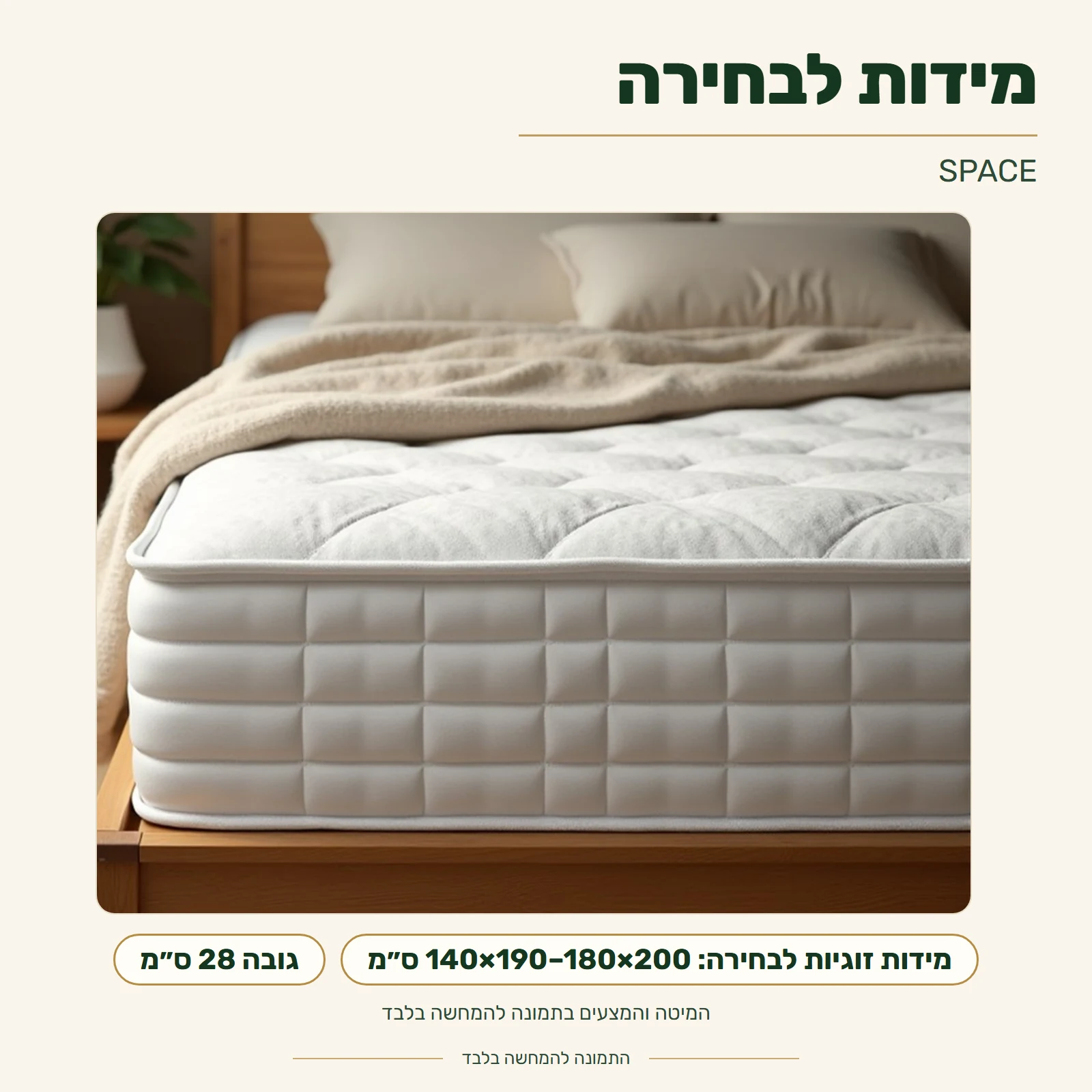 מזרון SPACE – מידות לבחירה: 140×190, 140×200, 160×190, 160×200 או 180×200 ס״מ; גובה 28 ס״מ