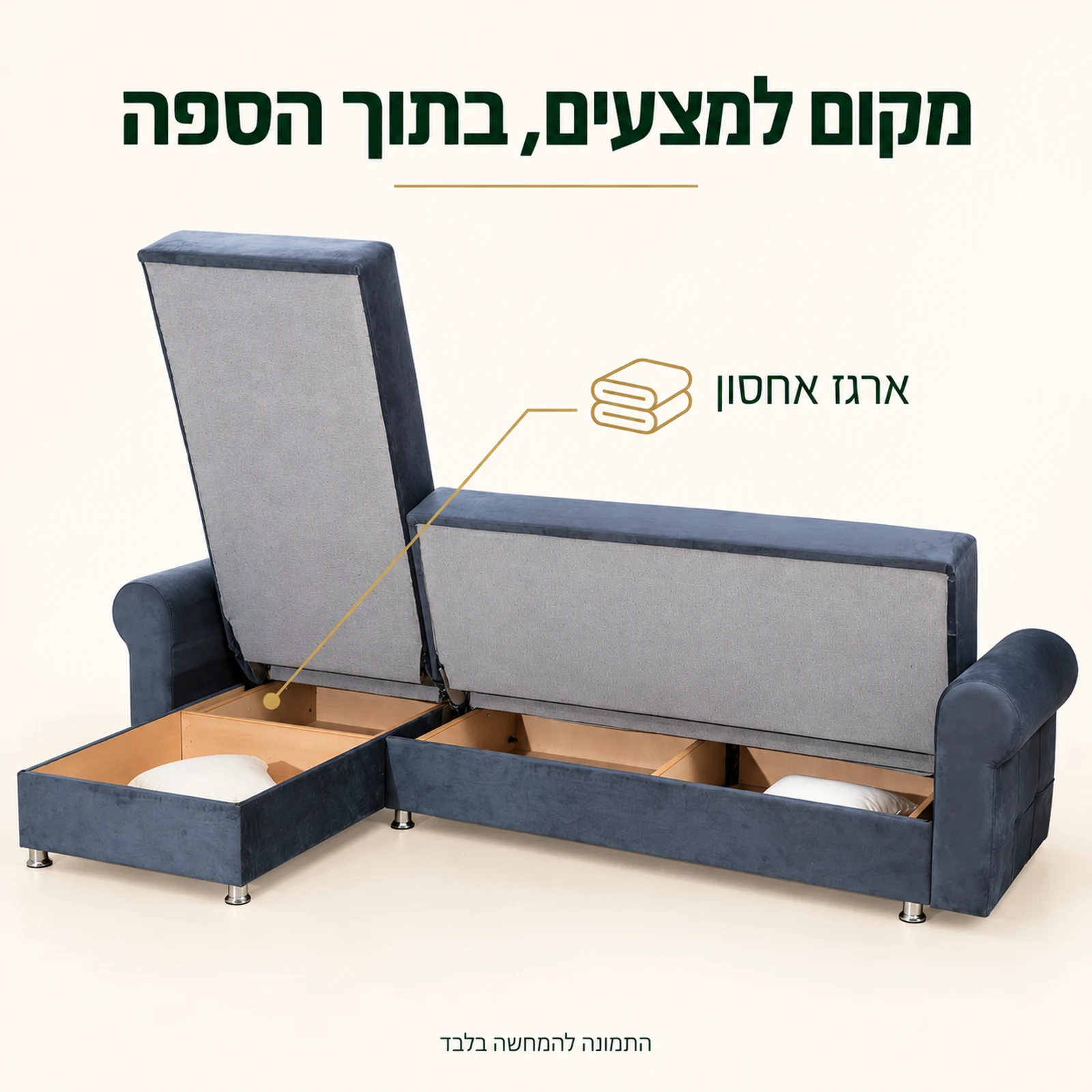 ספה פינתית TOGO כחולה – ארגז אחסון פתוח למצעים
