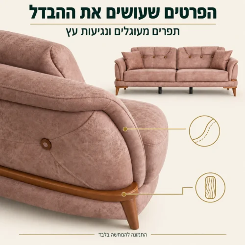 פרטי העיצוב של ספת DALLAS: תפרים מעוגלים, כפתורי עץ ובסיס עץ בגוון חם