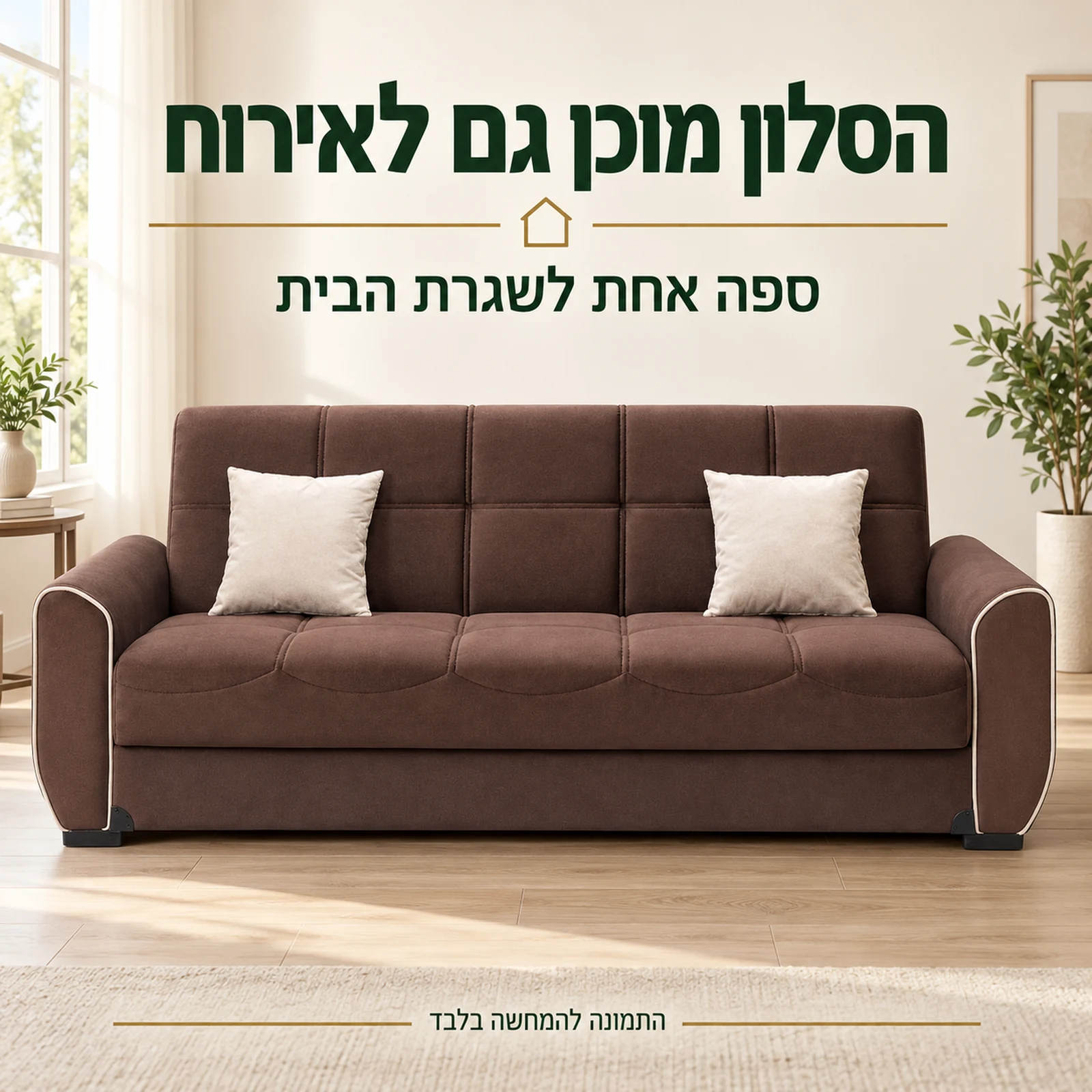 ספה חומה עם שתי כריות בהירות בסלון
