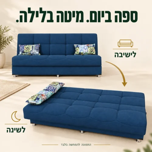 ספת AURORA כחולה במצב ישיבה ובמצב מיטה