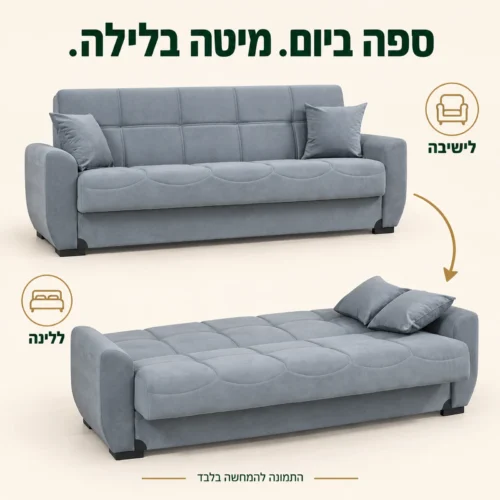 ספה תלת מושבית STELLA בצבע אפור במצב ישיבה ובמצב מיטה