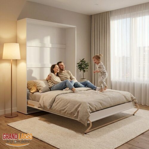 מיטת קיר אנכית 140x200 BS-01 – בשימוש משפחתי בחדר