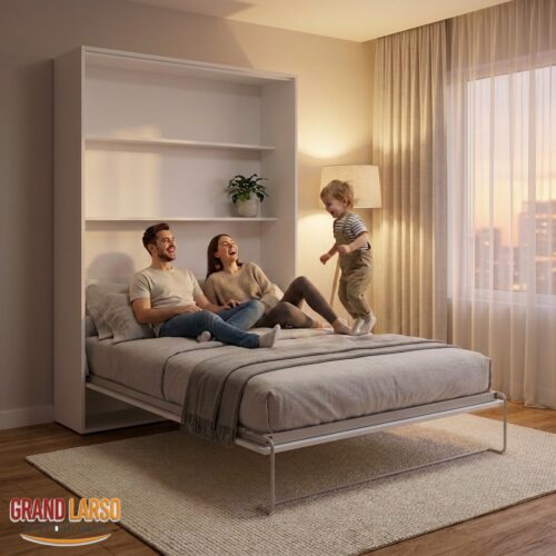 מיטת קיר אנכית לבנה LIGHT SOLUTION ללא מדפים – תמונת אווירה בחדר