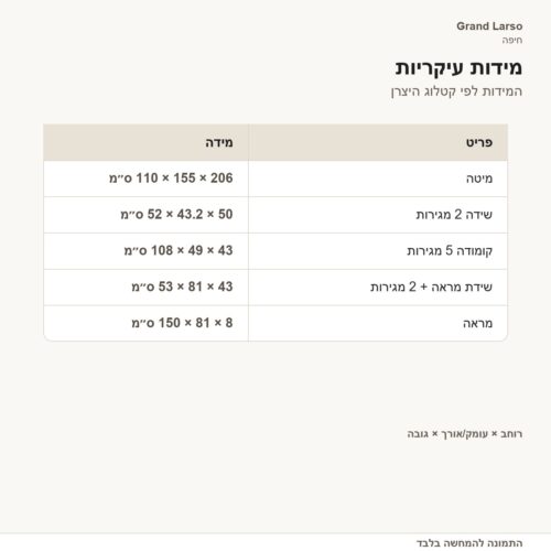 מידות חדר שינה קומפלט דגם סינוס – מיטה 206×155×110 ס״מ