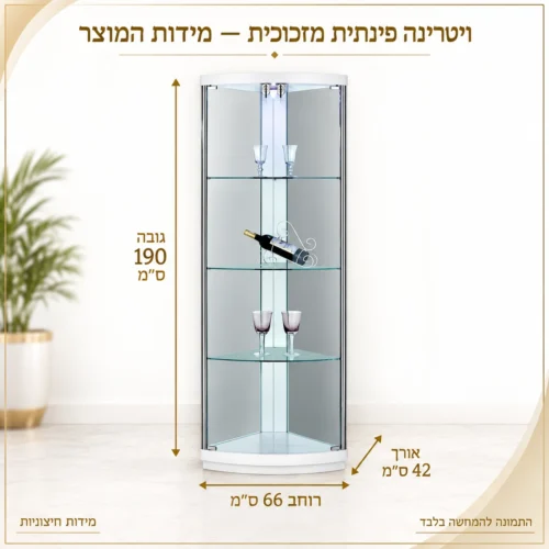 ויטרינה פינתית מזכוכית לבנה – מידות: רוחב 66, אורך 42, גובה 190 ס״מ