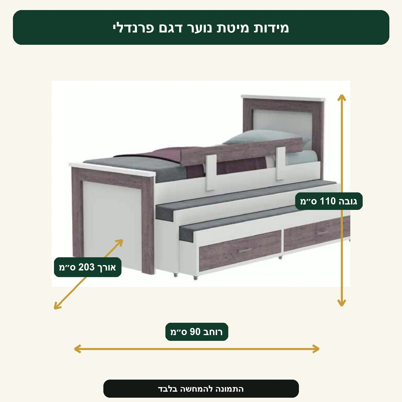 מידות מיטת נוער דגם פרנדלי – רוחב 90 ס״מ, אורך 203 ס״מ, גובה 110 ס״מ