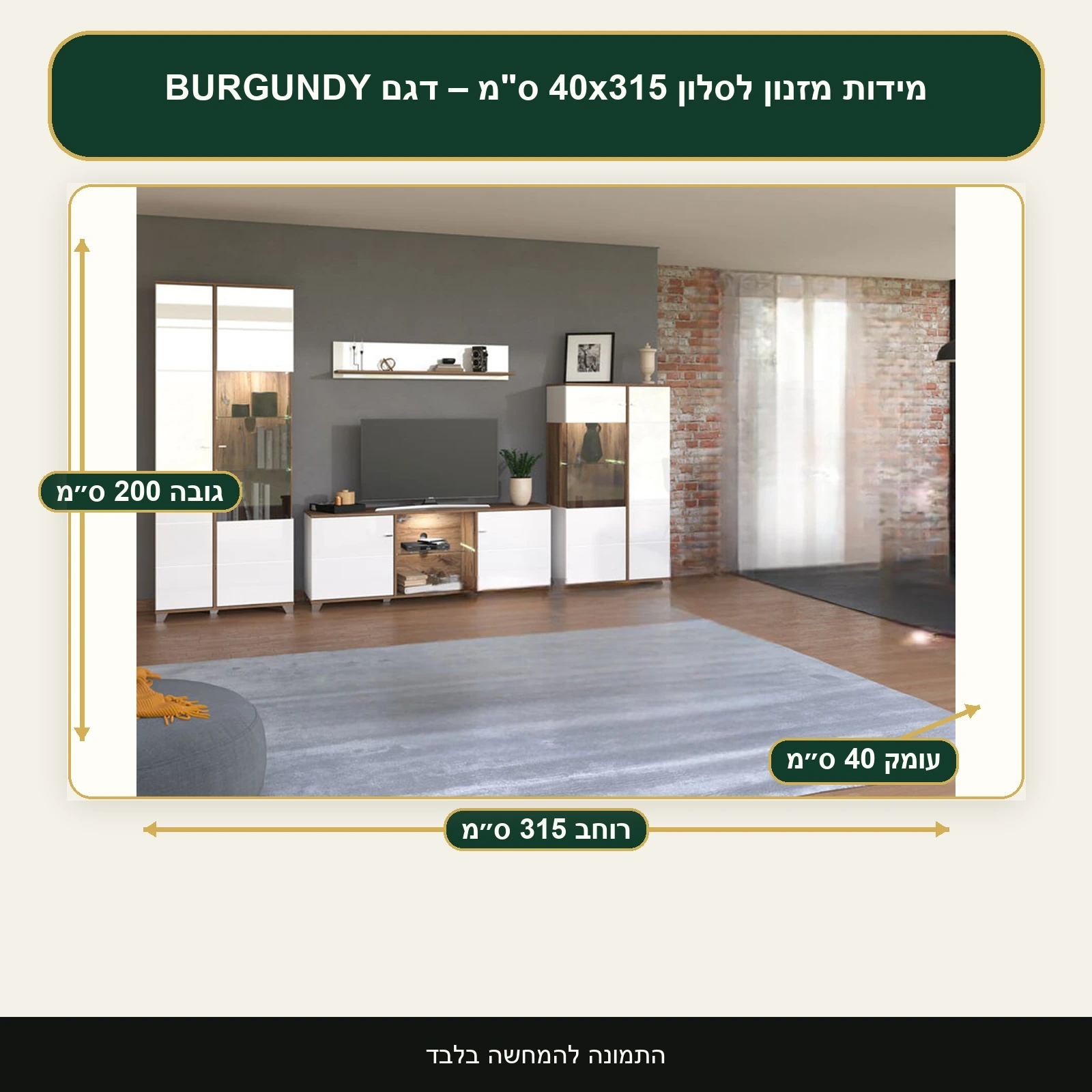 מזנון לסלון 40x315 ס"מ – דגם BURGUNDY – רוחב 315 ס״מ, גובה 200 ס״מ, עומק 40 ס״מ