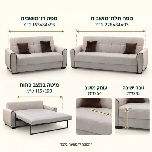 מערכת ישיבה PARIS בז׳ 3+2 – ספה 228×84×93, דו־מושבית 163×84×93 ס״מ, מיטה 115×190 ס״מ