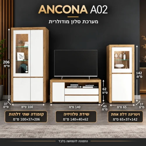 אינפוגרפיקה עם מידות מזנון Ancona A02: שידת טלוויזיה 140×40×62, ויטרינה דלת אחת 65×37×142, קומודה שתי דלתות 100×37×206 ס״מ