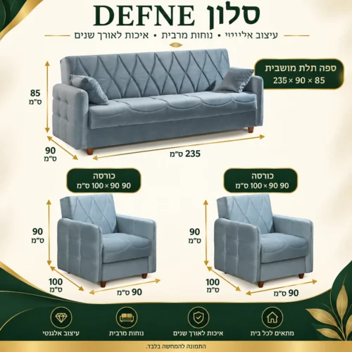 סט סלון DEFNE 3+1+1 – ספה 235×90×85 ס״מ, כורסה 90×100×90 ס״מ