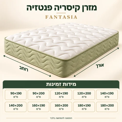 אינפוגרפיקה מידות זמינות מזרן קיסריה פנטזיה: 90×190 עד 180×200 ס״מ
