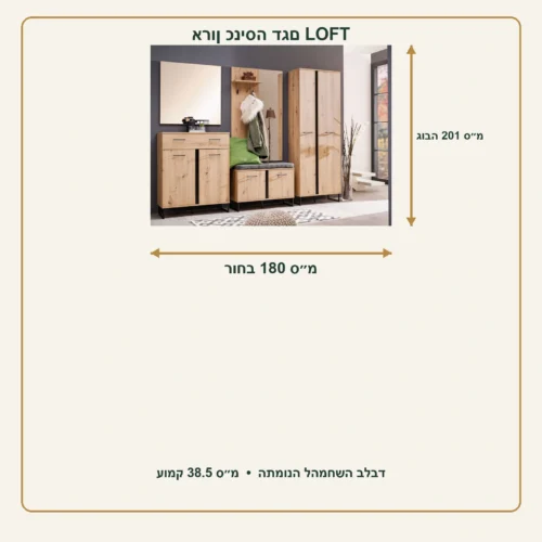 אינפוגרפיקה לארון כניסה LOFT – רוחב 180 ס״מ, עומק 38.5 ס״מ, גובה 201 ס״מ