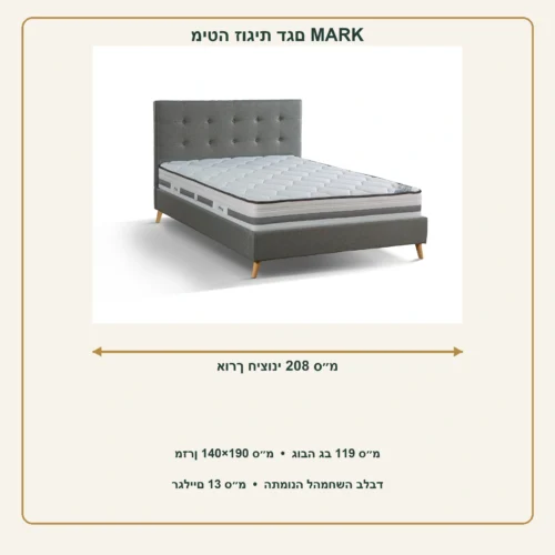 אינפוגרפיקה למיטה זוגית מרופדת MARK – מידת מזרן 140×190 ס״מ, אורך חיצוני 208 ס״מ, גובה 119 ס״מ