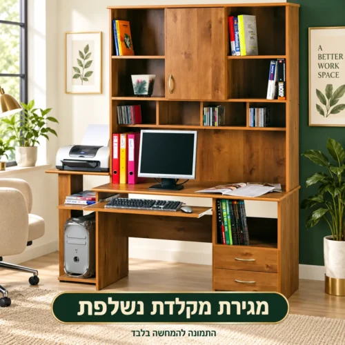 שולחן מחשב עם ספרייה ומגירת מקלדת נשלפת