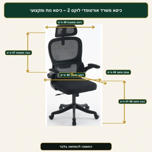 מידות כיסא משרד אורטופדי לוקס 2 – גב 49×57 ס״מ, מושב 48×48 ס״מ, גובה מושב 47–56 ס״מ