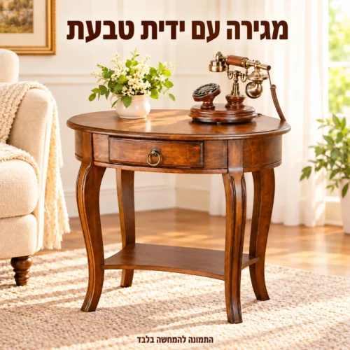 שולחן צד אליפטי עם מגירה ומדף תחתון