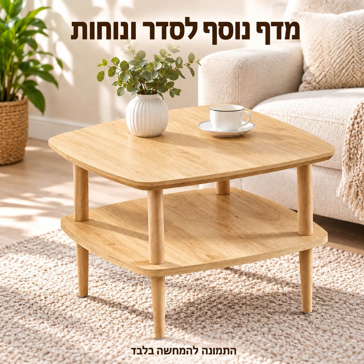 שולחן צד בגוון עץ בהיר עם מדף תחתון