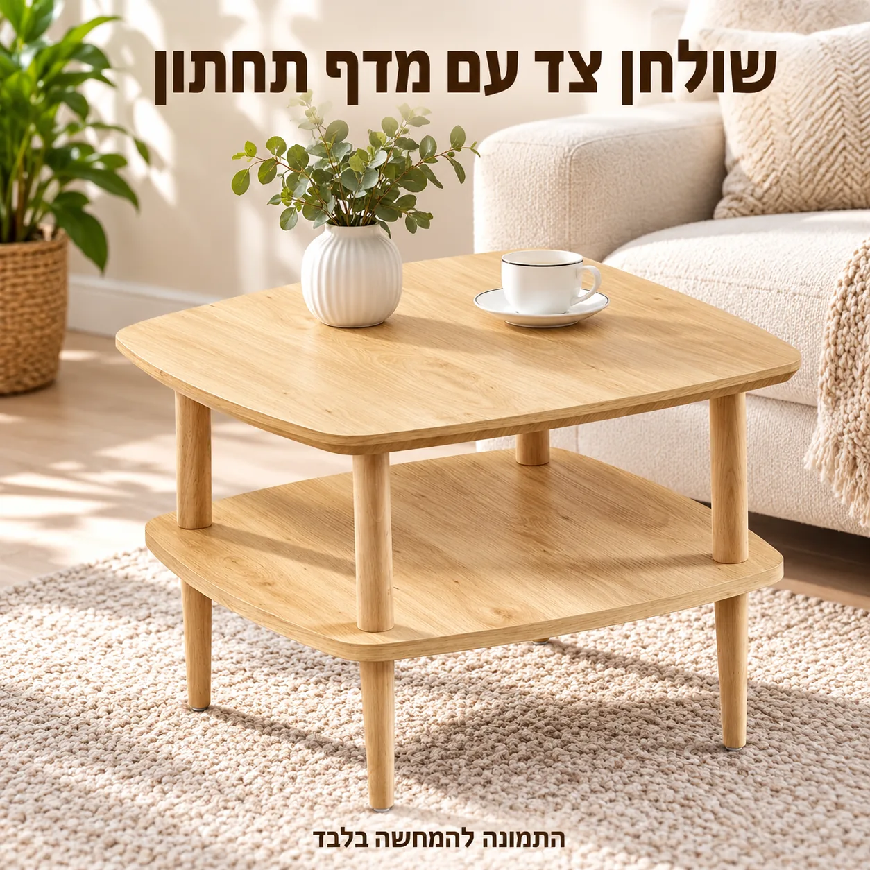 שולחן צד בגוון עץ בהיר עם מדף תחתון