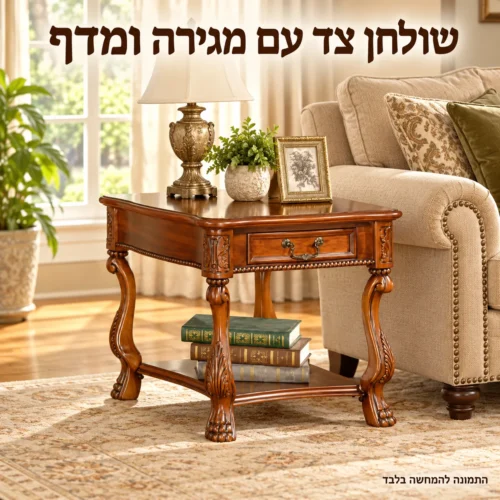 שולחן צד חום עם מגירה ומדף תחתון ורגליים מעוצבות