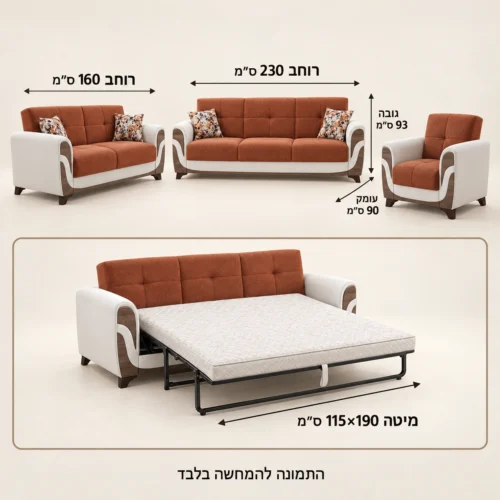 מידות סלון Sema: תלת 230 ס״מ, דו 160 ס״מ, גובה 93 ס״מ, עומק 90 ס״מ, מיטה 115×190 ס״מ