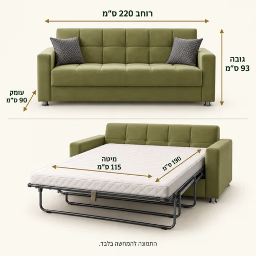 מידות ספת ספר Villa: רוחב 220 ס״מ, גובה 93 ס״מ, עומק 90 ס״מ, מיטה 115×190 ס״מ