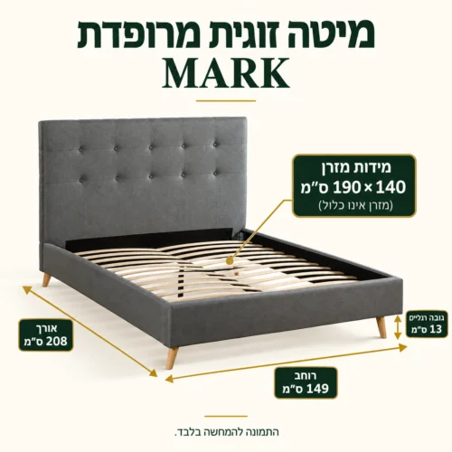 אינפוגרפיקה מידות מיטה זוגית מרופדת MARK: מזרן 140×190 ס״מ אינו כלול, אורך חיצוני 208 ס״מ, רוחב 149 ס״מ, גובה רגליים 13 ס״מ
