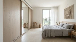 ארון הזזה גבוה עם דלת מראה בחדר שינה מואר – איור להמחשה
