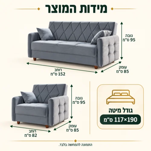 אינפוגרפיקה מידות סלון דפנה אפור: ספה 152×85×95 ס״מ, יחידת ישיבה 82×85×95 ס״מ ומיטה 117×190 ס״מ
