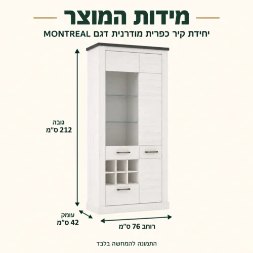 אינפוגרפיקה מידות יחידת קיר כפרית מודרנית MONTREAL: רוחב 76, עומק 42, גובה 212 ס״מ לוויטרינה הגבוהה
