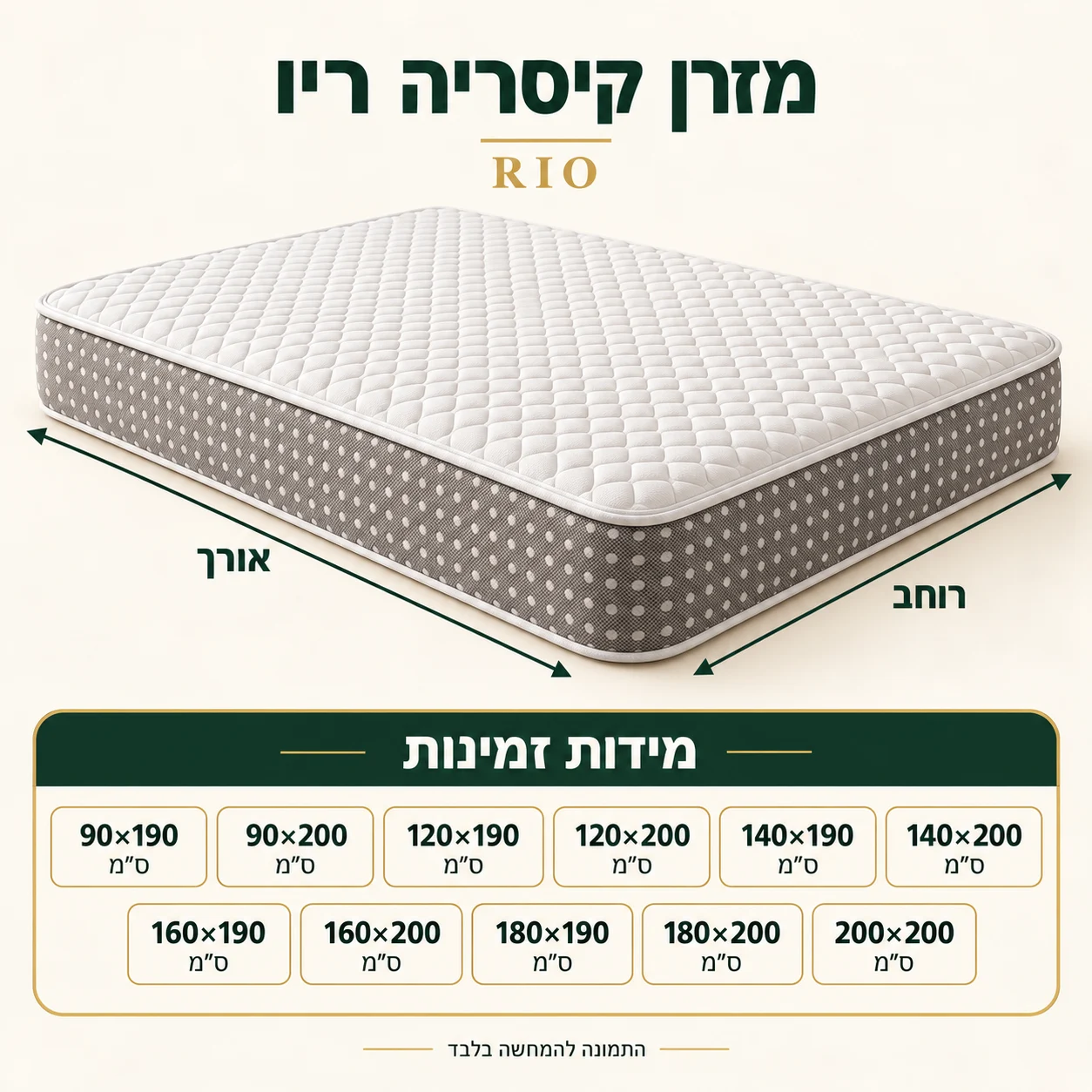 אינפוגרפיקה מידות זמינות מזרן קיסריה ריו: 90×190 עד 200×200 ס״מ