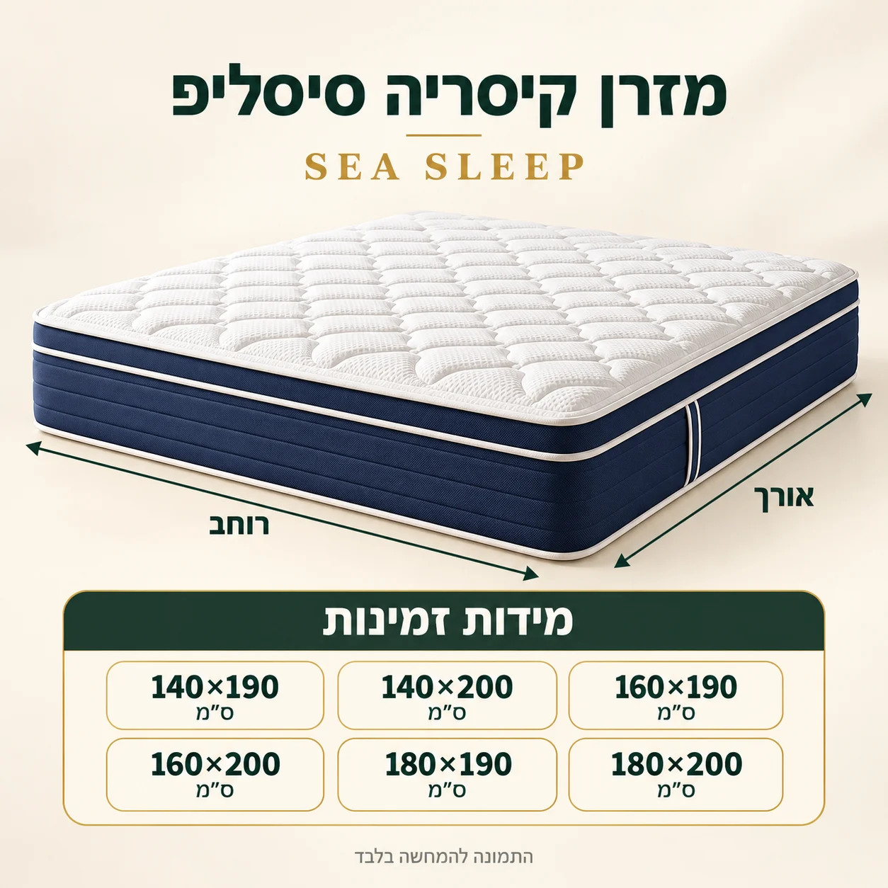 אינפוגרפיקה מידות זמינות מזרן קיסריה סיסליפ: 140×190 עד 180×200 ס״מ