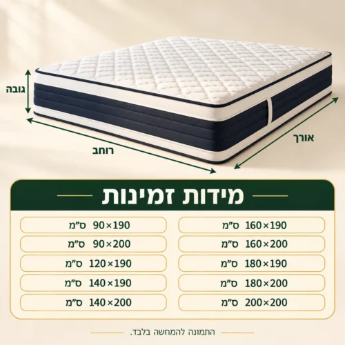 אינפוגרפיקה מידות זמינות מזרן קיסריה טסלה עם קפיצים מבודדים: 90×190 עד 200×200 ס״מ