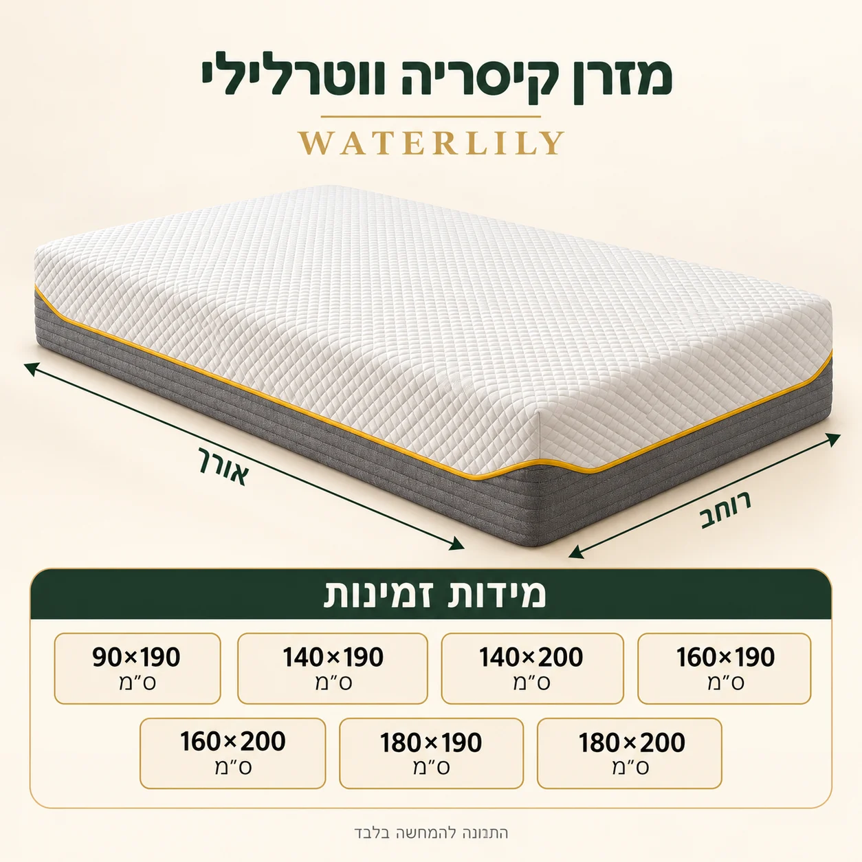 אינפוגרפיקה מידות זמינות מזרן קיסריה ווטרלילי: 90×190 עד 180×200 ס״מ